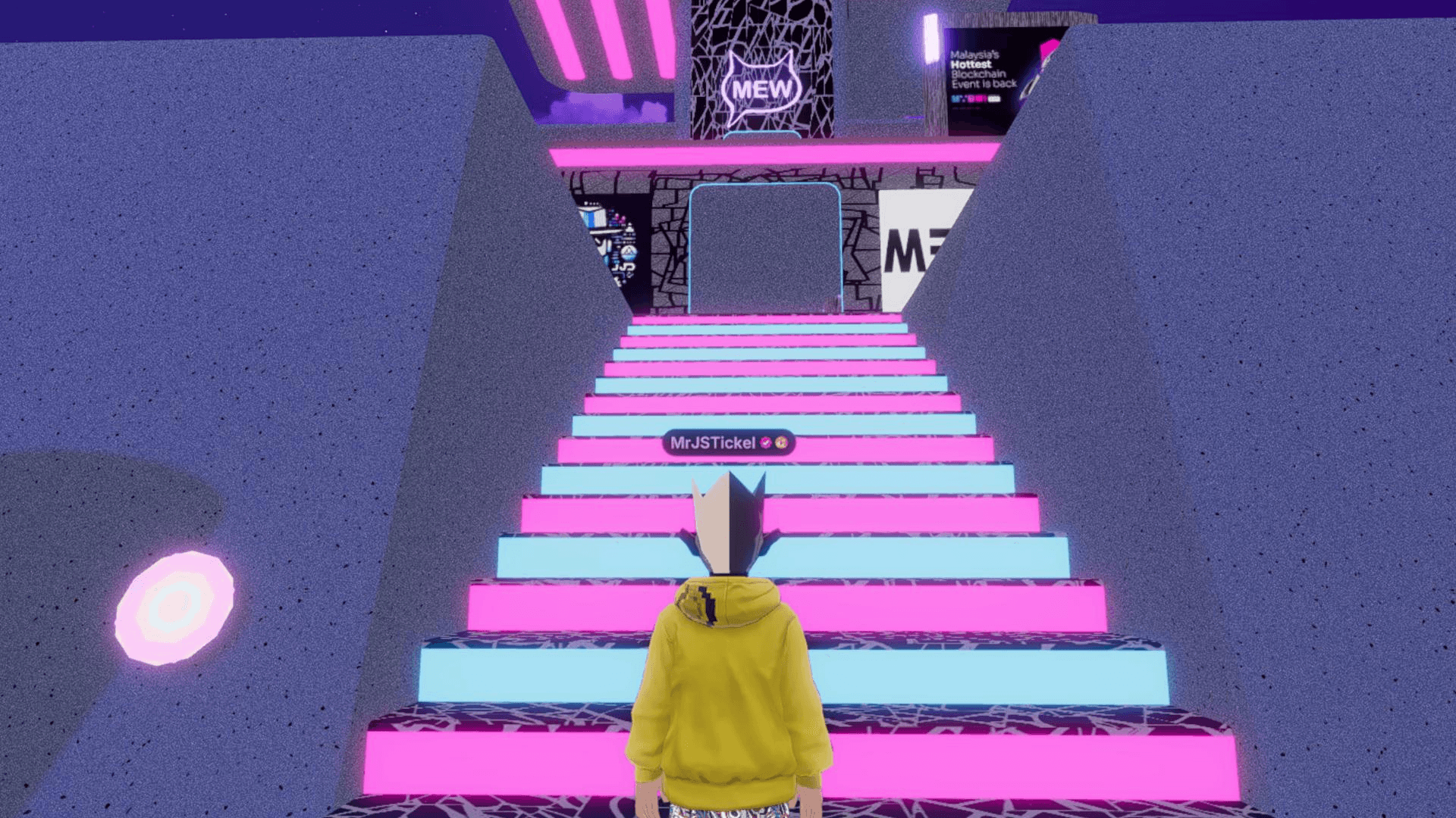 Avatar walking up neon stairs entrance