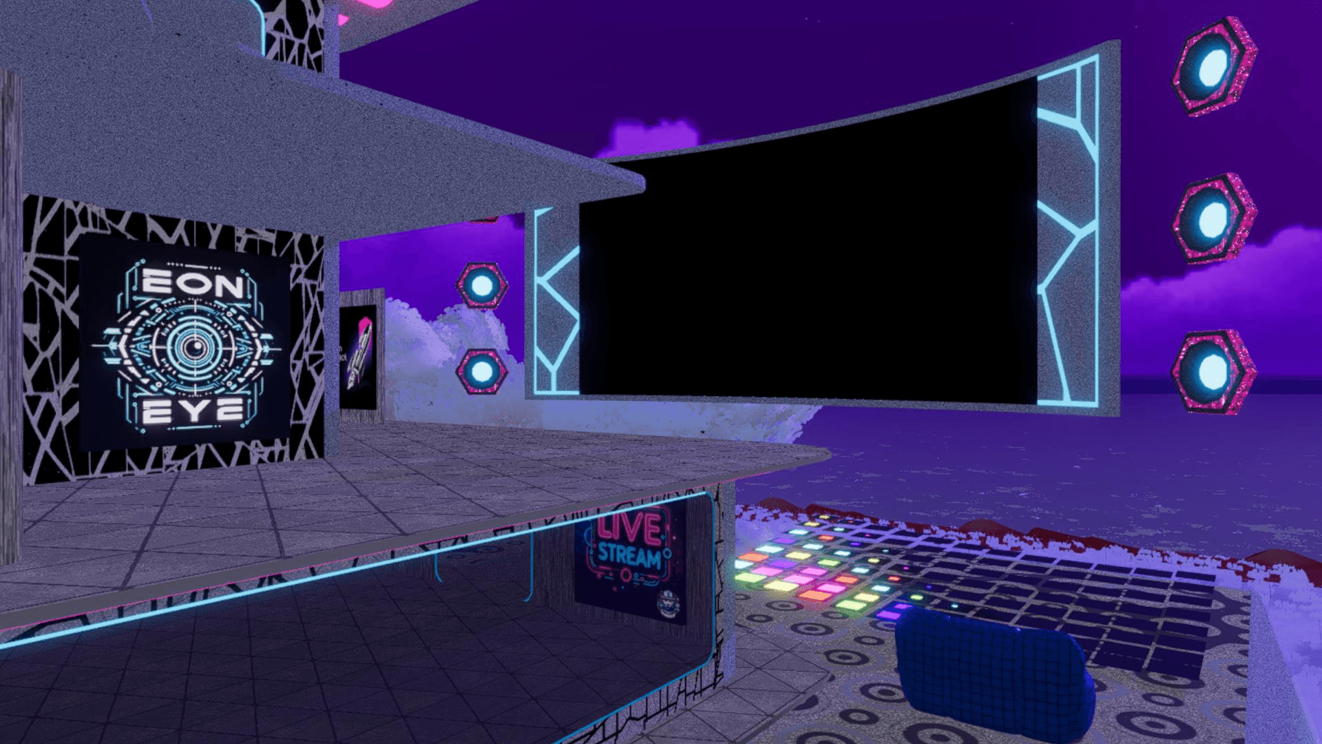 Main screen area with LIVE STREAM signage