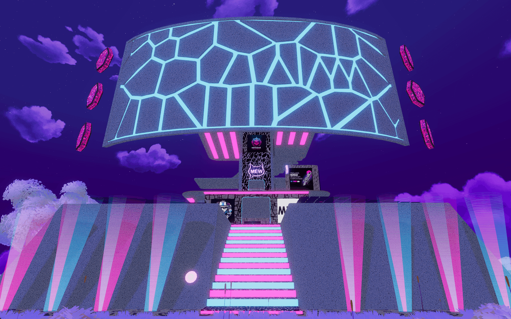 M1D HQ at night with neon lighting