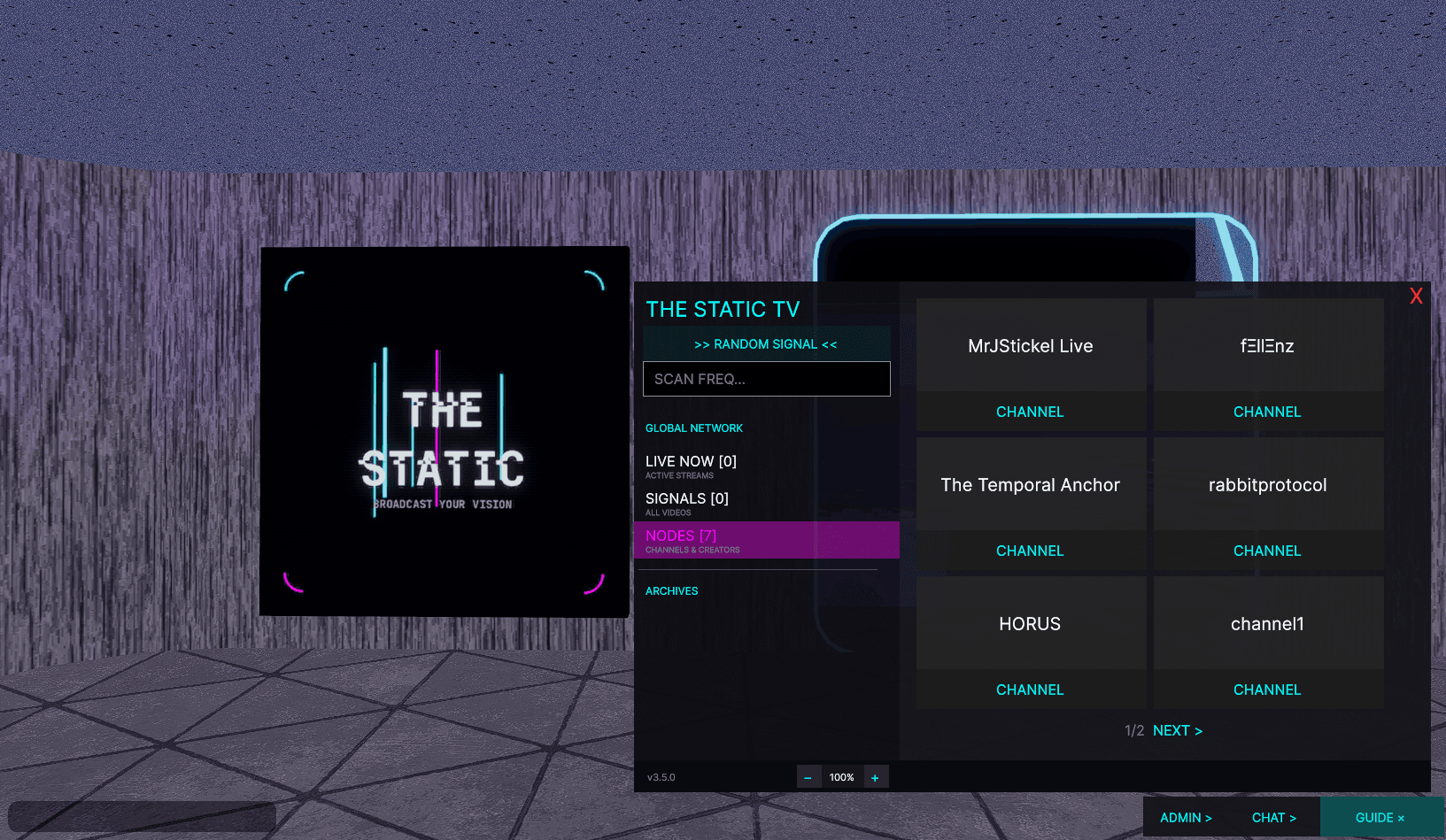 TheStatic.tv channel browser in-world